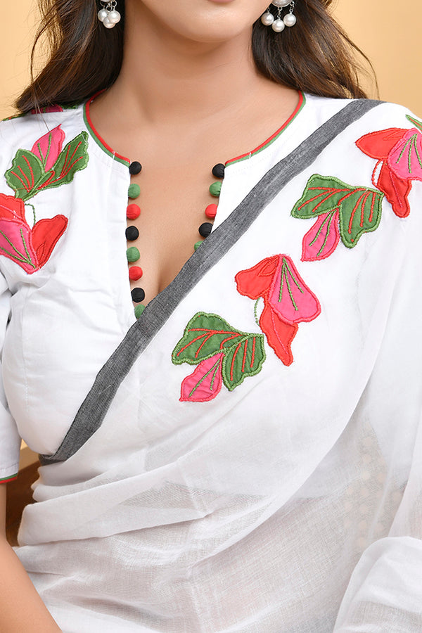 White Cotton Blouse with Red Floral Embroidery