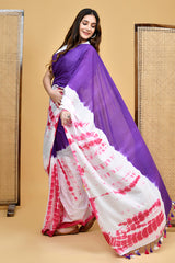 Elegant Purple and Pink Shibori Tie-Dye Mul Cotton Saree