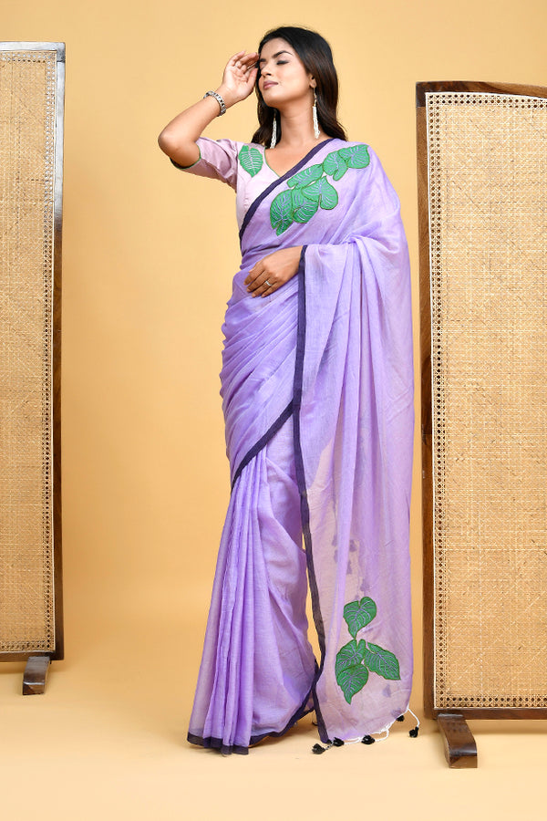 Elegant Lilac Mul Cotton Leaf Embroidered Saree Blouse Set