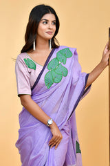 Lavender Blouse with Green Leaf Embroidery and Keyhole Back Design