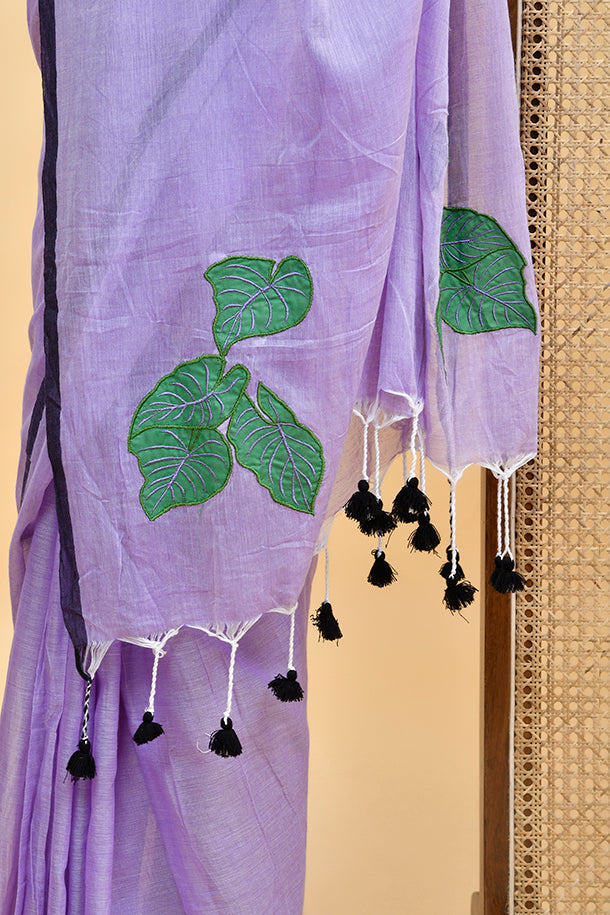 Lavender Blouse with Green Leaf Embroidery and Keyhole Back Design