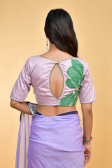 Lavender Blouse with Green Leaf Embroidery and Keyhole Back Design