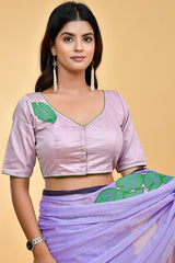 Lavender Blouse with Green Leaf Embroidery and Keyhole Back Design