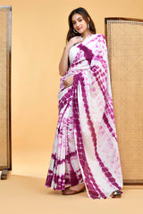 Ethereal White and Purple Shibori Tie-Dye Mul Cotton Saree