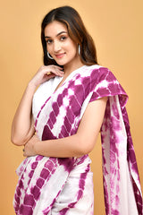 Ethereal White and Purple Shibori Tie-Dye Mul Cotton Saree