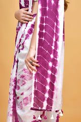 Ethereal White and Purple Shibori Tie-Dye Mul Cotton Saree