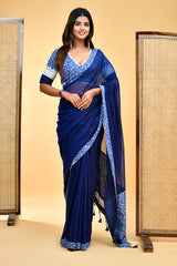 Elegant Handloom Mul Cotton Navy Blue Saree with White and Blue Accents