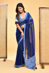 Elegant Handloom Mul Cotton Navy Blue Saree with White and Blue Accents