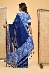 Elegant Handloom Mul Cotton Navy Blue Saree with White and Blue Accents