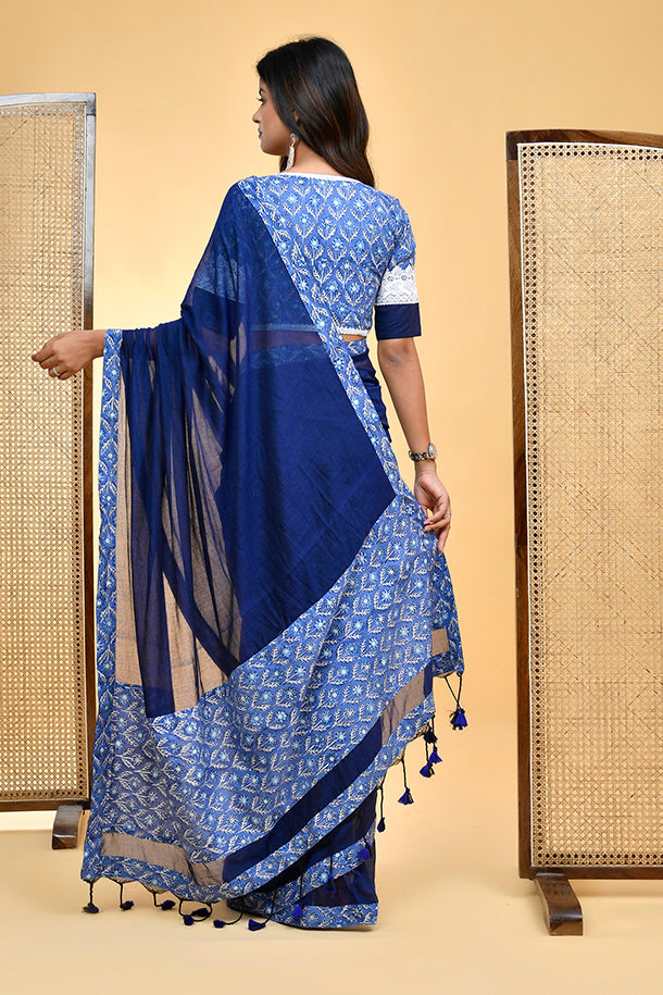 Elegant Handloom Mul Cotton Navy Blue Saree with White and Blue Accents