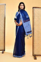 Elegant Handloom Mul Cotton Navy Blue Saree with White and Blue Accents