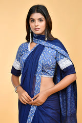 Elegant Handloom Mul Cotton Navy Blue Saree with White and Blue Accents