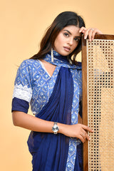 Blue Cotton Blouse with White Lace and Hand Block Print