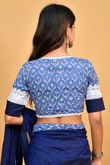 Elegant Handloom Mul Cotton Navy Blue Saree with White and Blue Accents