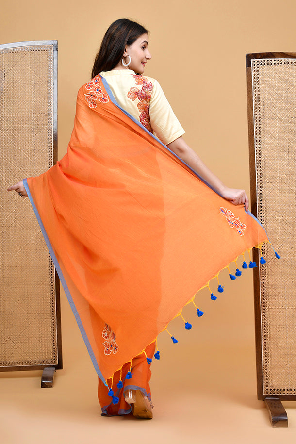 Elegant Orange Saree with Embroidered Blouse