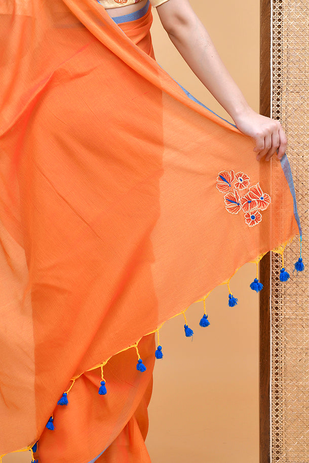 Elegant Orange Saree with Embroidered Blouse