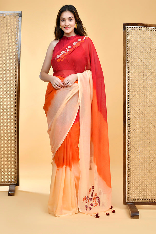 Elegant Mul Cotton Red-Orange Ombre Embroidered Saree Blouse Set