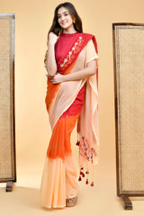 Elegant Mul Cotton Red-Orange Ombre Embroidered Saree Blouse Set