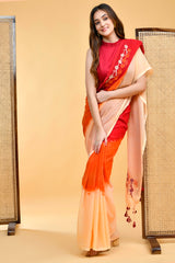 Elegant Mul Cotton Red-Orange Ombre Embroidered Saree Blouse Set