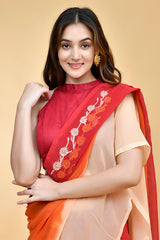 Elegant Mul Cotton Red-Orange Ombre Embroidered Saree Blouse Set