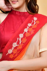 Elegant Mul Cotton Red-Orange Ombre Embroidered Saree Blouse Set