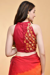 Elegant Mul Cotton Red-Orange Ombre Embroidered Saree Blouse Set