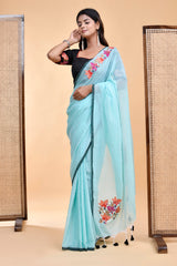 Elegant Cool Blue and Black Mul Cotton Embroidered Saree Blouse Set