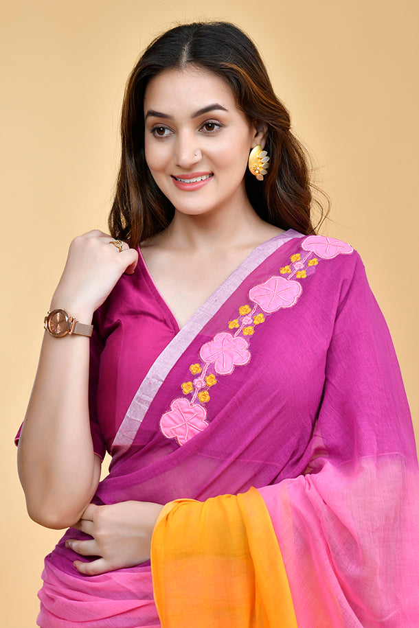 Magenta Cotton Blouse with Floral Embroidery