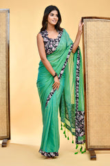 Elegant Handloom Mul Cotton Green Saree with Floral Blouse