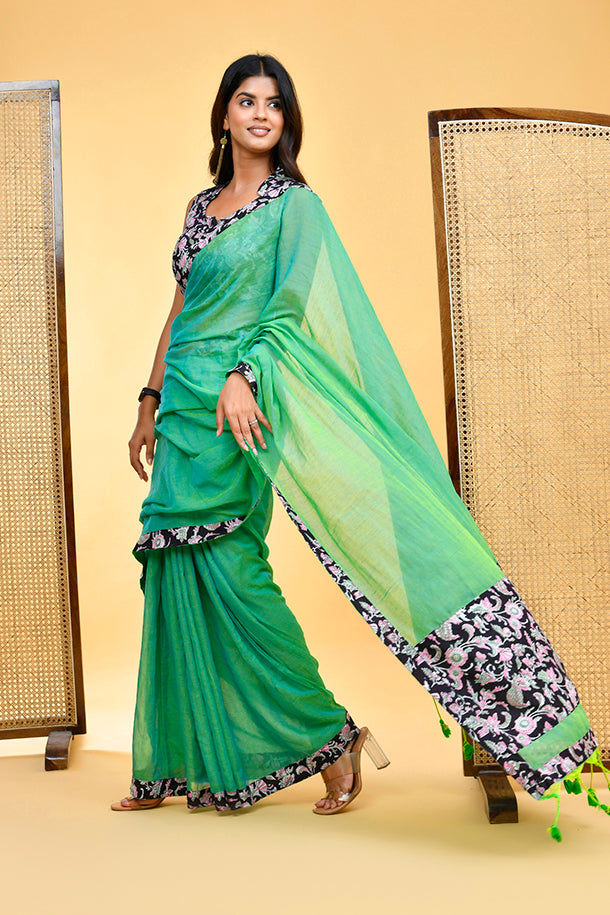 Elegant Handloom Mul Cotton Green Saree with Floral Blouse