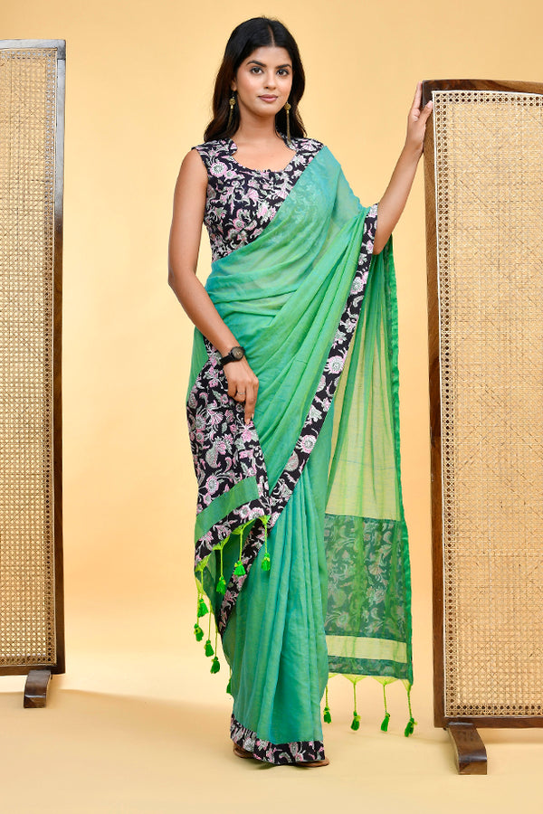 Elegant Handloom Mul Cotton Green Saree with Floral Blouse