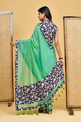 Elegant Handloom Mul Cotton Green Saree with Floral Blouse