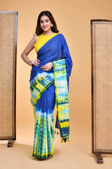 Vibrant Blue and Yellow Shibori Tie-Dye Mul Cotton Saree