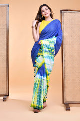 Vibrant Blue and Yellow Shibori Tie-Dye Mul Cotton Saree