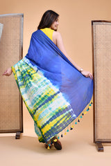 Vibrant Blue and Yellow Shibori Tie-Dye Mul Cotton Saree