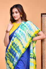 Vibrant Blue and Yellow Shibori Tie-Dye Mul Cotton Saree