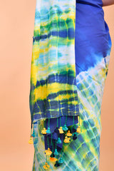 Vibrant Blue and Yellow Shibori Tie-Dye Mul Cotton Saree