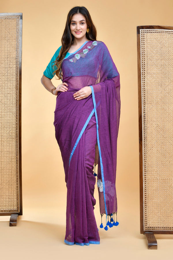 Stylish Mul Cotton Purple-Turquoise Embroidered Saree Blouse Set