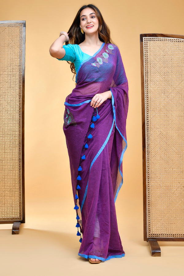 Stylish Mul Cotton Purple-Turquoise Embroidered Saree Blouse Set