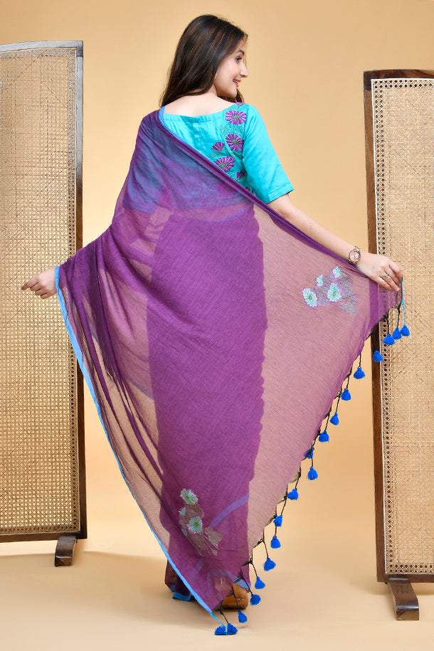 Turquoise Blossoms Blouse with Purple Embroidery