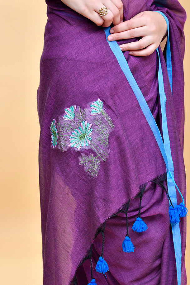 Turquoise Blossoms Blouse with Purple Embroidery