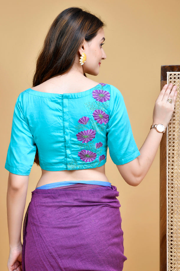 Turquoise Blossoms Blouse with Purple Embroidery