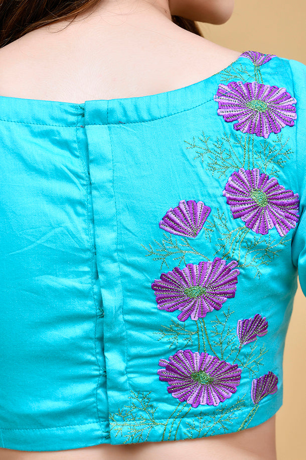 Turquoise Blossoms Blouse with Purple Embroidery