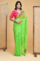 Bright Lime Green and Pink Mul Cotton Floral Embroidered Saree Blouse Set