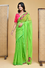 Bright Lime Green and Pink Mul Cotton Floral Embroidered Saree Blouse Set