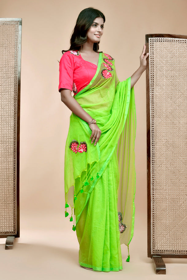 Bright Lime Green and Pink Mul Cotton Floral Embroidered Saree Blouse Set