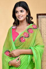 Bright Lime Green and Pink Mul Cotton Floral Embroidered Saree Blouse Set