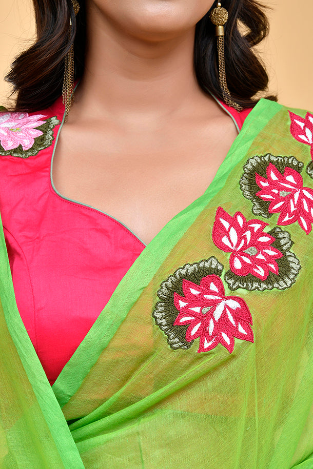 Bright Lime Green and Pink Mul Cotton Floral Embroidered Saree Blouse Set