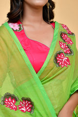 Bright Lime Green and Pink Mul Cotton Floral Embroidered Saree Blouse Set