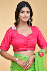 Bright Lime Green and Pink Mul Cotton Floral Embroidered Saree Blouse Set